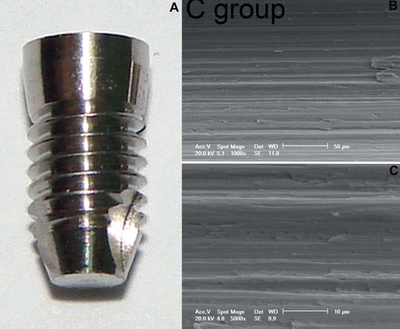 초기 임플란트의 매끈한 표면; Gehrke SA, et al."Histological and Biomechanical Effects of Implant Surfaces Sandblasted With Titanium Dioxide Microparticles: An Experimental Study Using the Rabbit Tibia Model"J Oral Science Rehabilitation. 2016 Dec;2(4):32–40